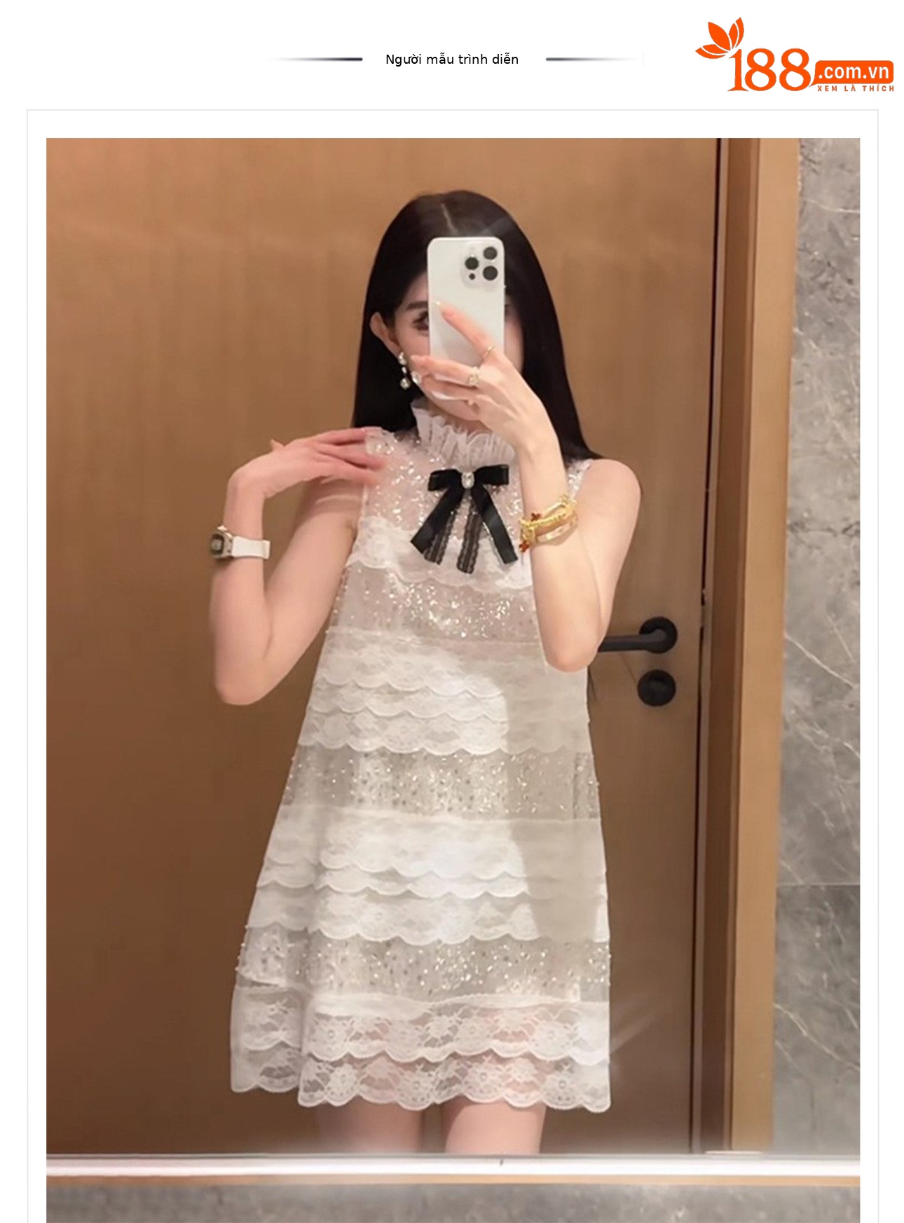 Váy chữ A phối ren kiểu Pháp, cạp cao, thiết kế nơ ren thanh lịch mùa hè N5003 — Cây sơn chi trắng chi tiết 1