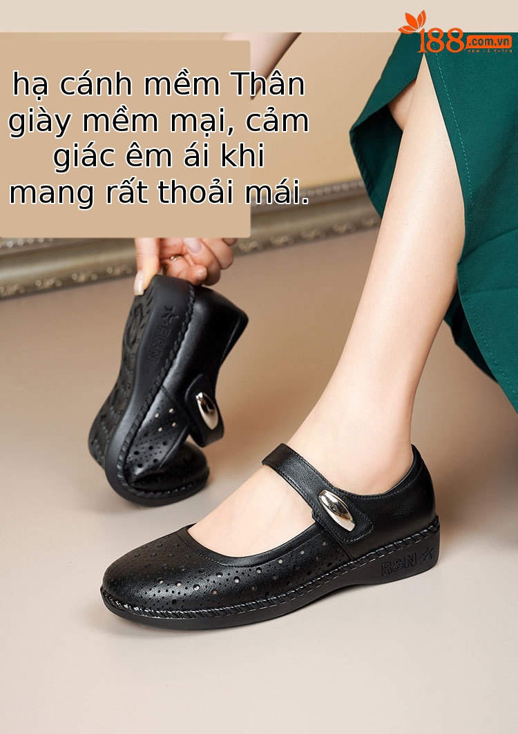 Sandal nữ da thật gót thấp quai chữ V đế mềm — Màu đen chi tiết 3