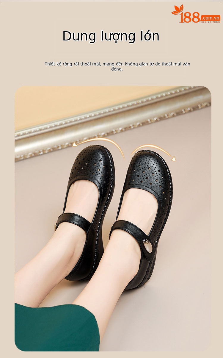 Sandal nữ da thật gót thấp quai chữ V đế mềm — Màu đen chi tiết 4