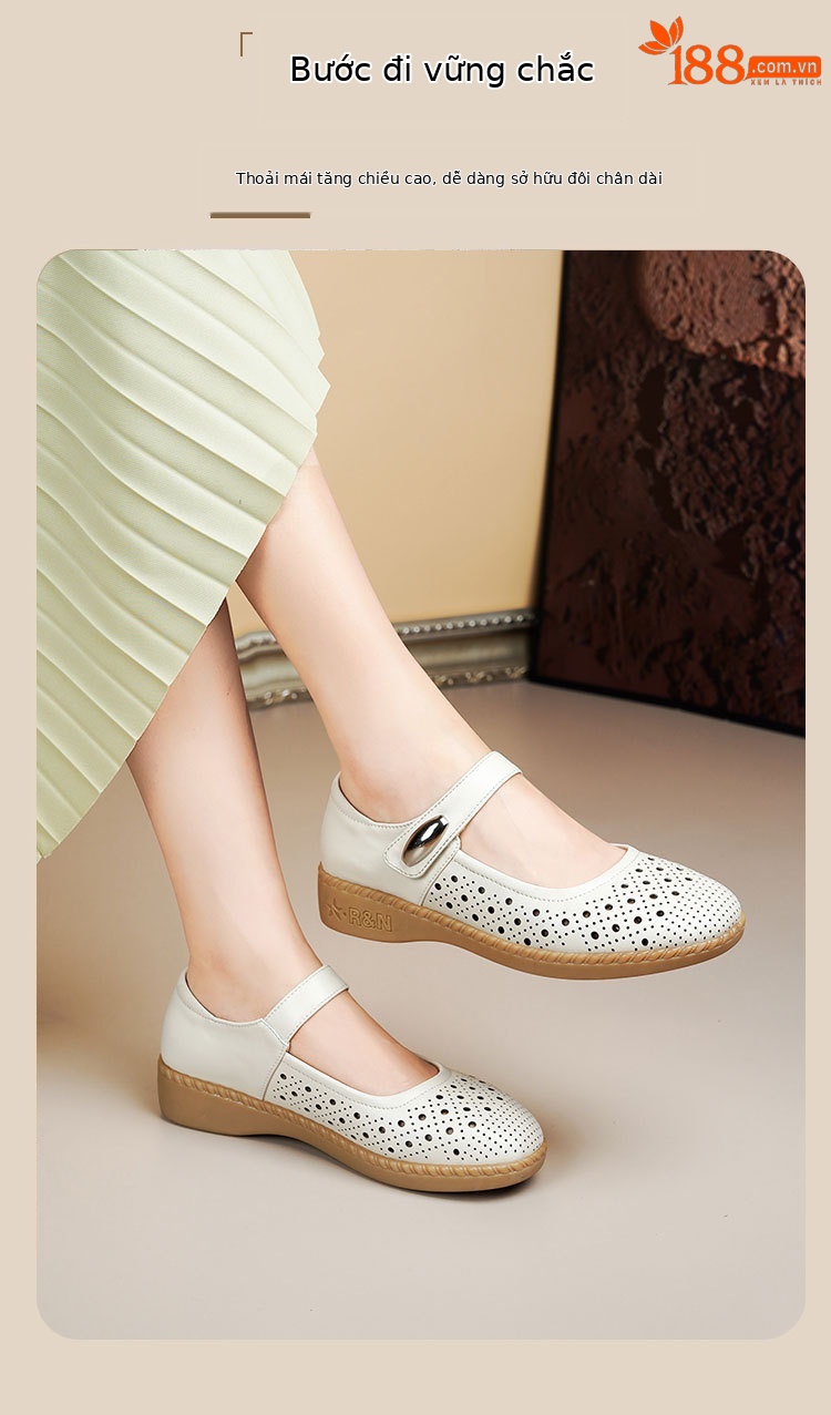 Sandal nữ da thật gót thấp quai chữ V đế mềm — Màu đen chi tiết 5