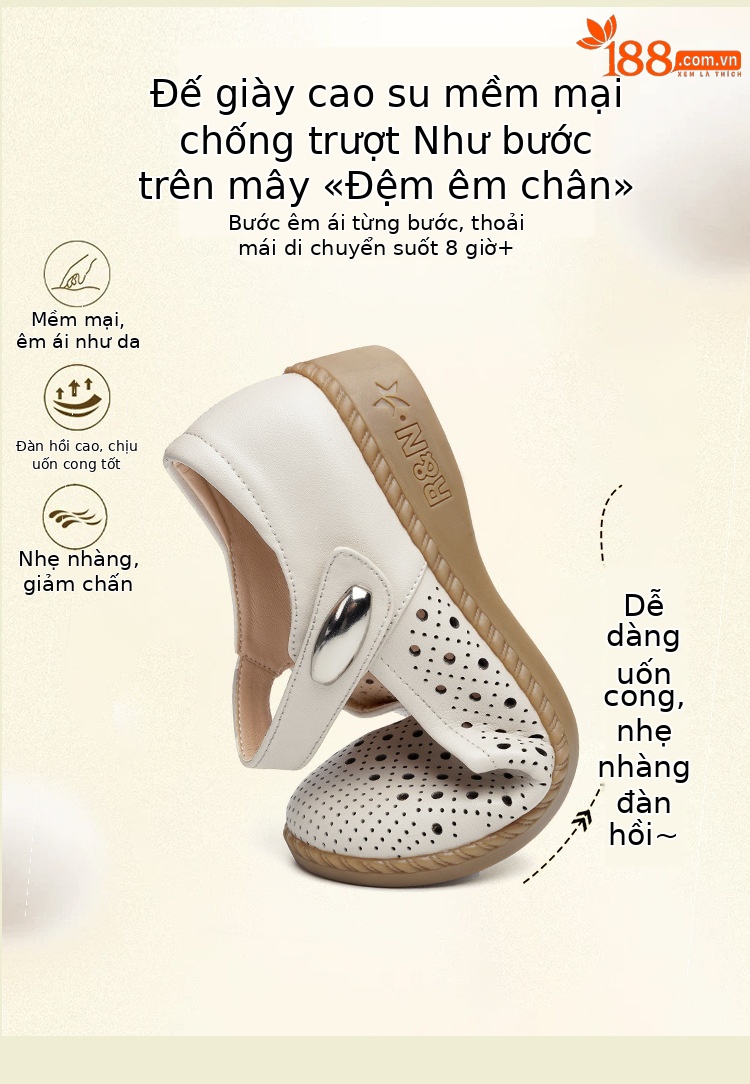 Sandal nữ da thật gót thấp quai chữ V đế mềm — Màu đen chi tiết 7