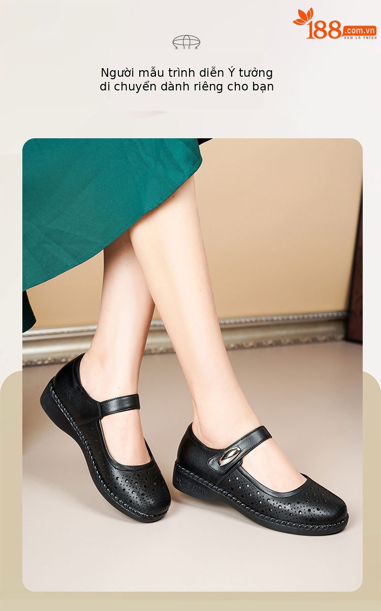 Sandal nữ da thật gót thấp quai chữ V đế mềm — Màu đen chi tiết 14