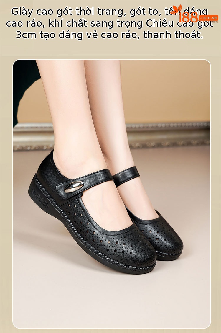 Sandal nữ da thật gót thấp quai chữ V đế mềm — Màu đen chi tiết 15