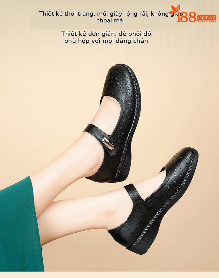 Sandal nữ da thật gót thấp quai chữ V đế mềm — Màu đen chi tiết 16
