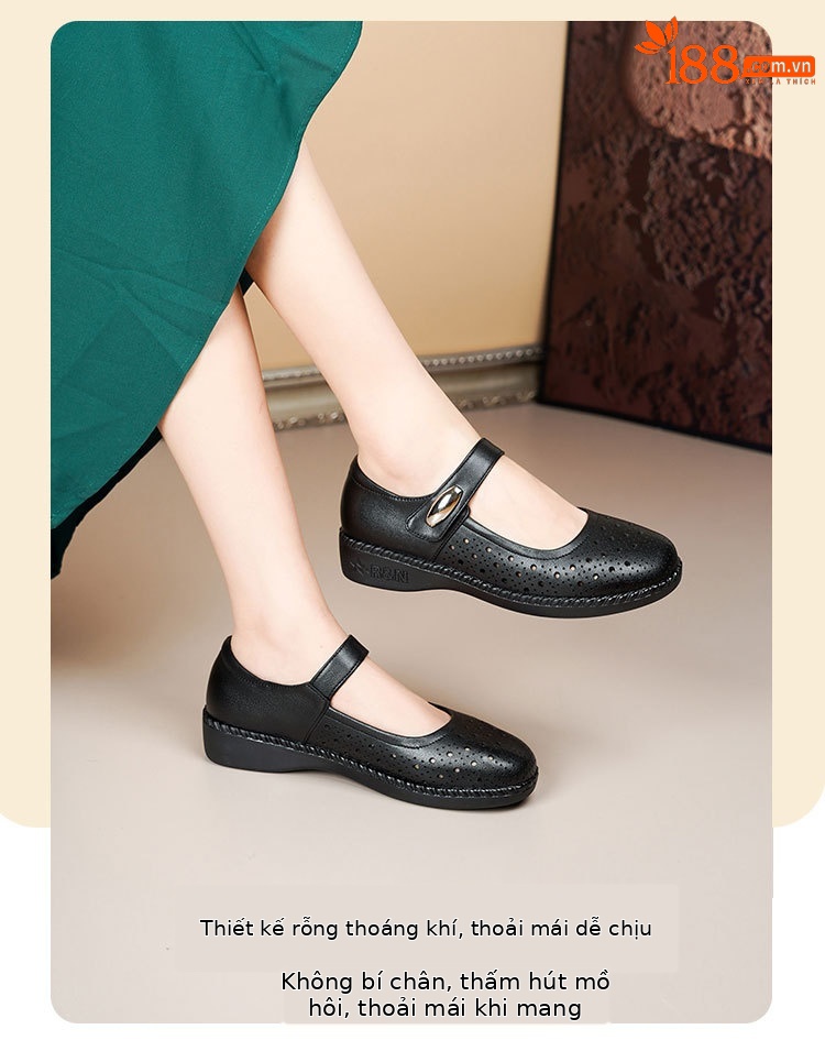 Sandal nữ da thật gót thấp quai chữ V đế mềm — Màu đen chi tiết 17