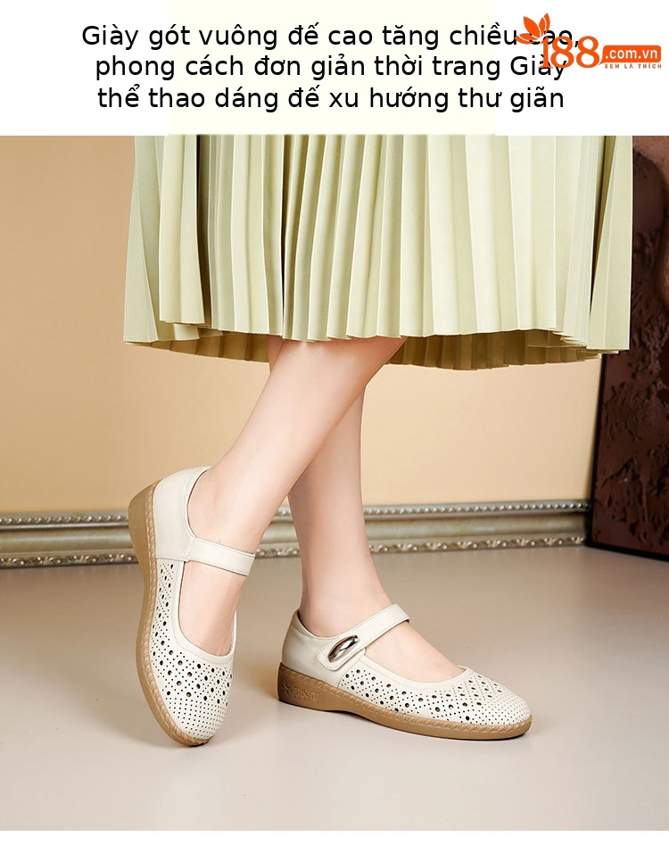 Sandal nữ da thật gót thấp quai chữ V đế mềm — Màu đen chi tiết 19