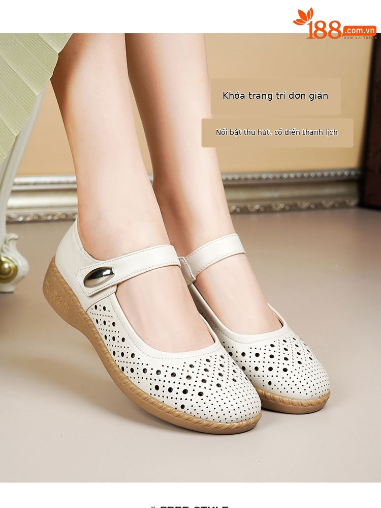 Sandal nữ da thật gót thấp quai chữ V đế mềm — Màu đen chi tiết 21
