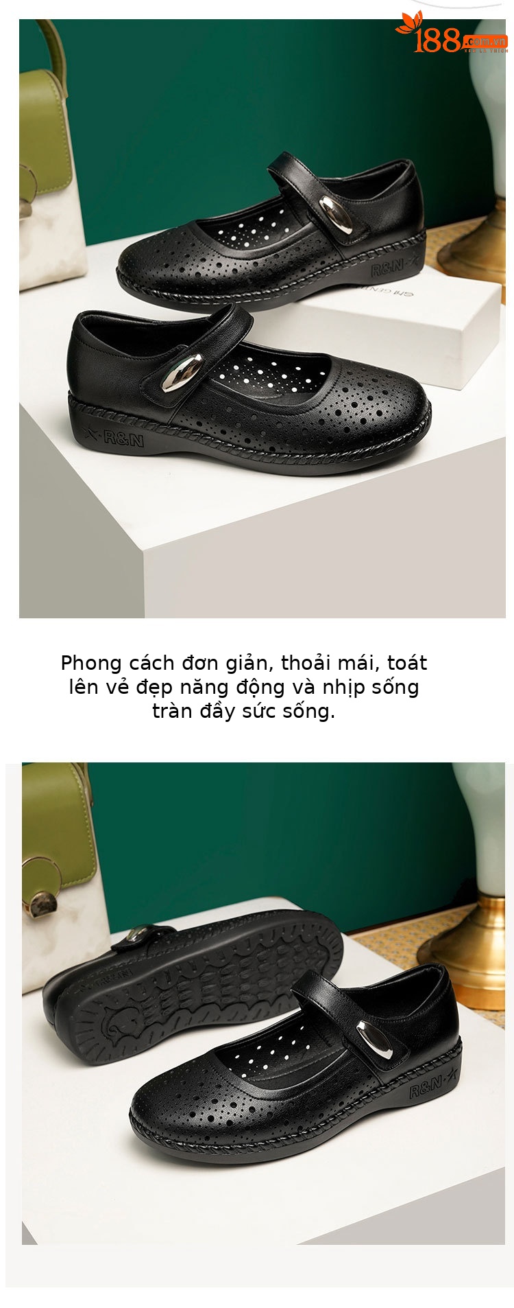 Sandal nữ da thật gót thấp quai chữ V đế mềm — Màu đen chi tiết 23