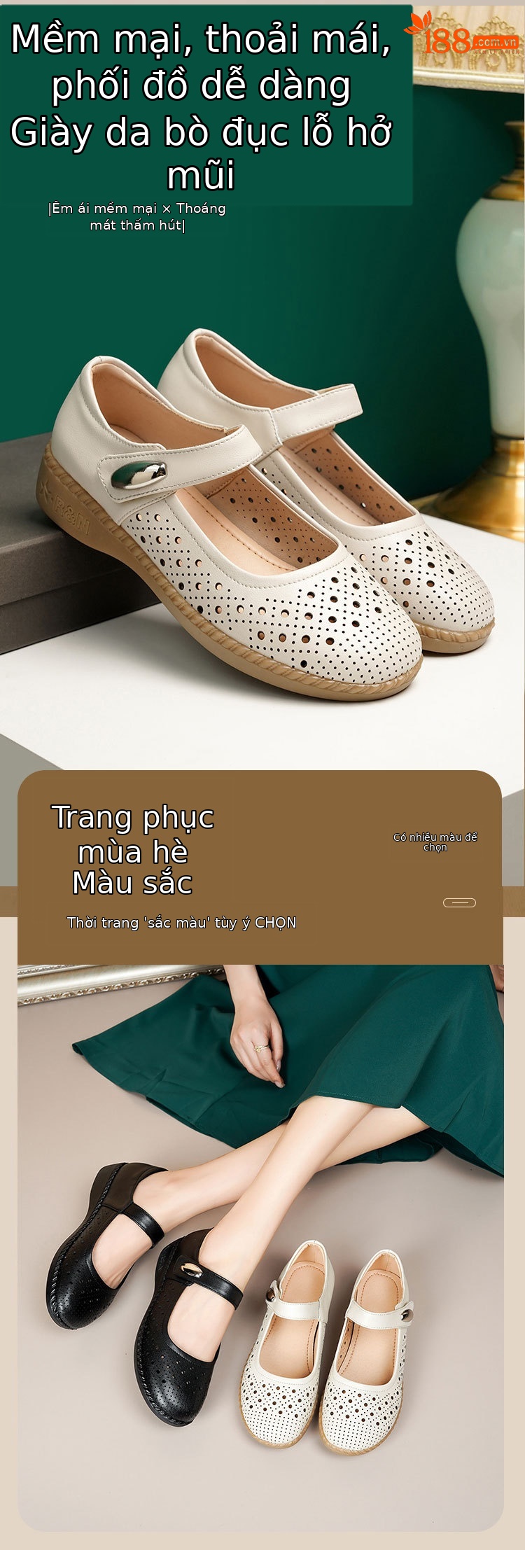 Sandal nữ da thật gót thấp quai chữ V đế mềm — Màu đen chi tiết 1