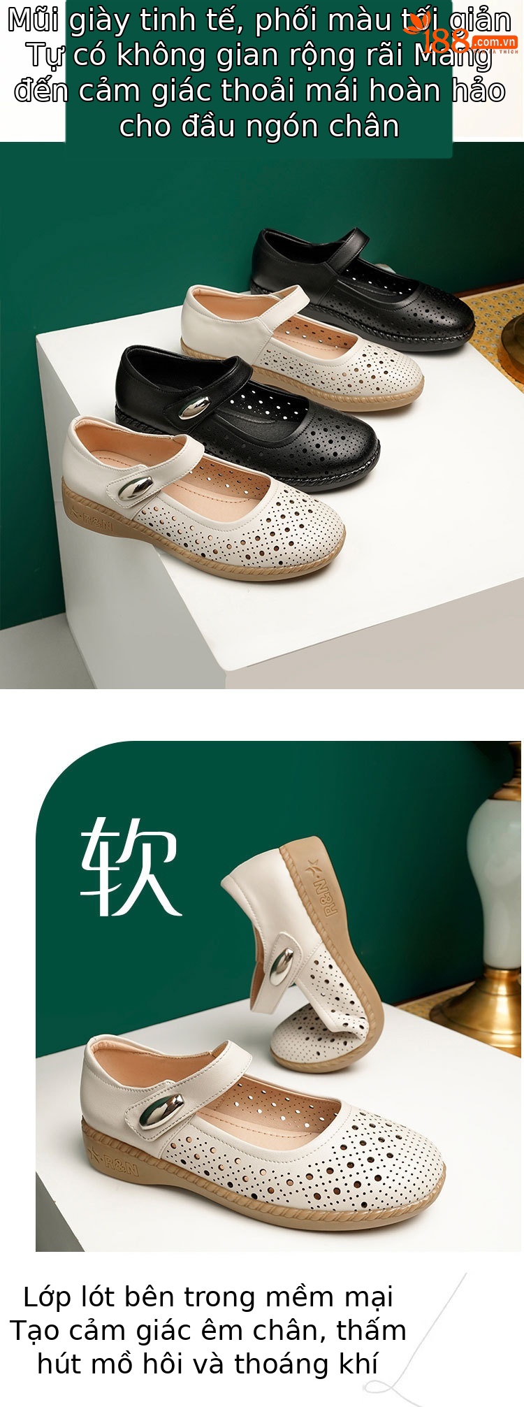 Sandal nữ da thật gót thấp quai chữ V đế mềm — Màu đen chi tiết 22