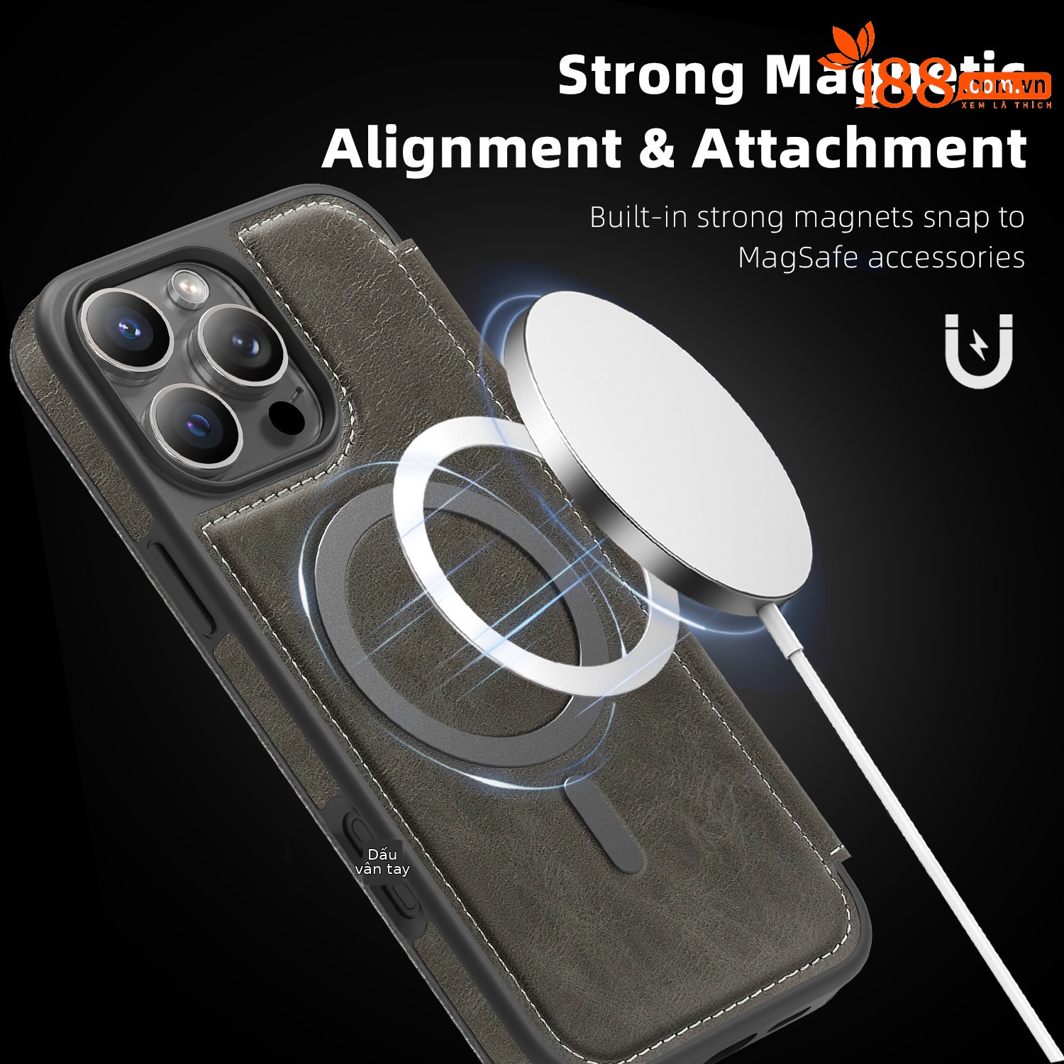 Ốp lưng da từ tính có khe đựng thẻ cho iPhone 16 Pro Max, chống sốc — Màu đen, Màu xanh ngọc, Màu cà phê, Xám vàng titan chi tiết 26