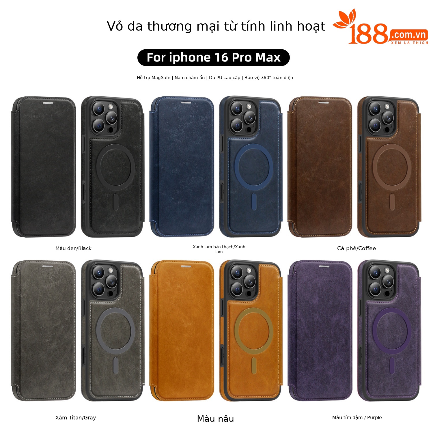 Ốp lưng da từ tính có khe đựng thẻ cho iPhone 16 Pro Max, chống sốc — Màu đen, Màu xanh ngọc, Màu cà phê, Xám vàng titan chi tiết 1