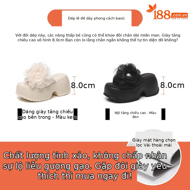 Dép sandal nữ quai chữ V đế bánh xốp cao 5 cm họa tiết hoa mùa hè 2025 — Màu be, Màu đen