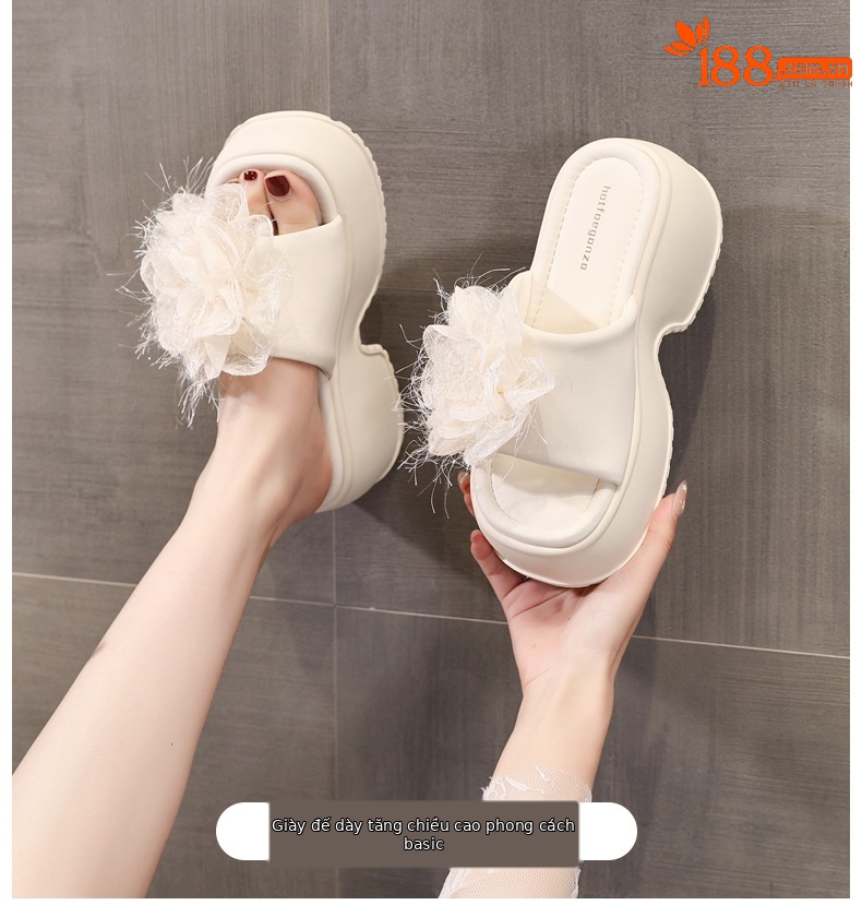 Dép sandal nữ quai chữ V đế bánh xốp cao 5 cm họa tiết hoa mùa hè 2025 — Màu be, Màu đen chi tiết 1