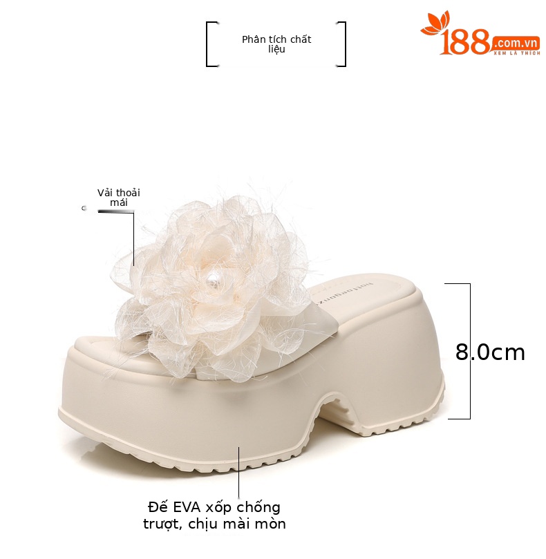 Dép sandal nữ quai chữ V đế bánh xốp cao 5 cm họa tiết hoa mùa hè 2025 — Màu be, Màu đen chi tiết 3