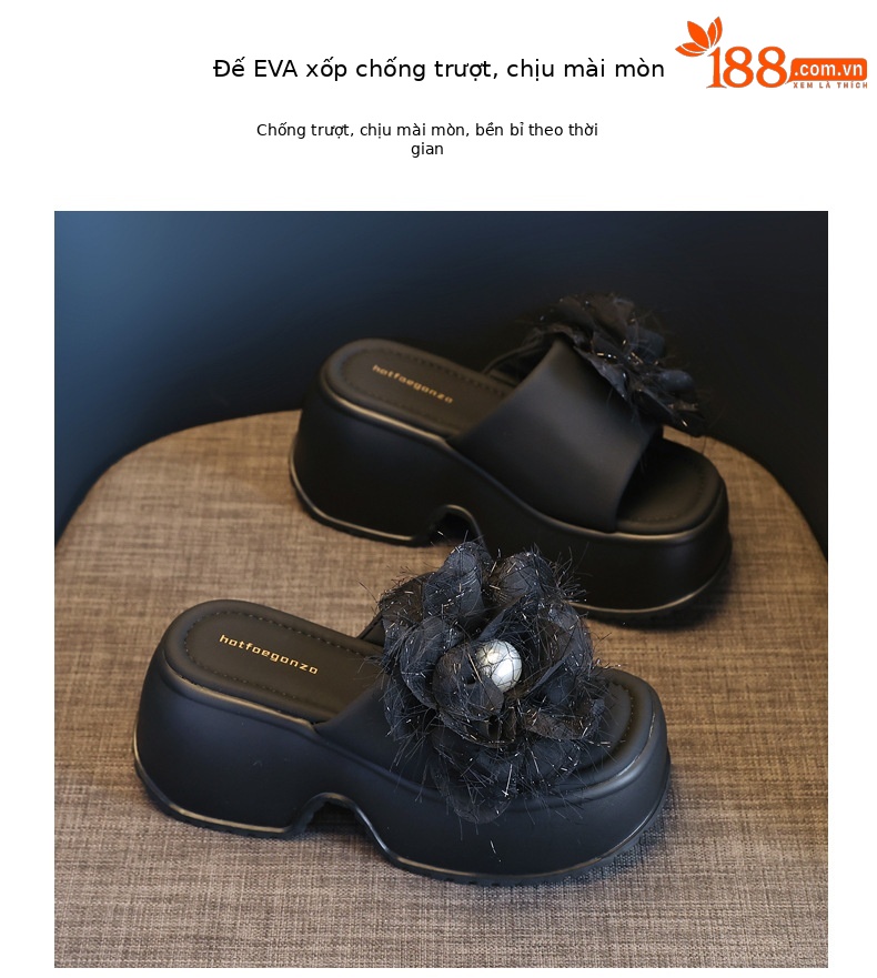 Dép sandal nữ quai chữ V đế bánh xốp cao 5 cm họa tiết hoa mùa hè 2025 — Màu be, Màu đen chi tiết 10