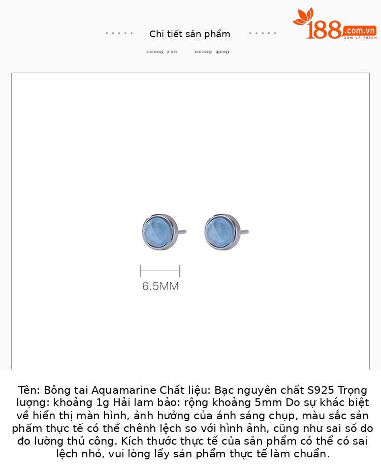 Bông tai bạc S925 đính ngọc xanh biển tròn, thiết kế hình học đơn giản — Một cặp chi tiết 2