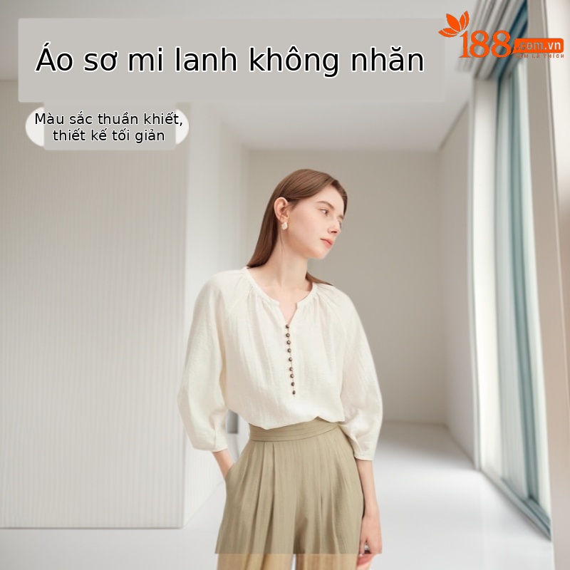 Áo sơ mi linen nữ tay lửng dáng rộng phong cách Pháp — Màu trắng nhạt