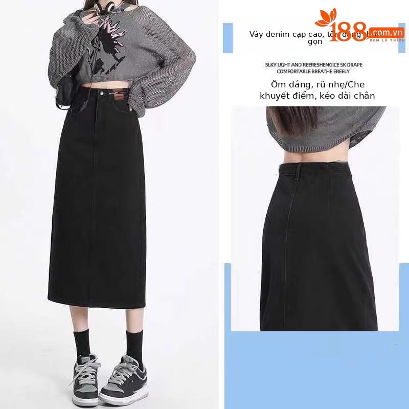 Chân váy denim nữ xẻ tà sau dáng dài vừa phối màu xanh cổ điển — 845 Soho thêu (xanh cổ điển)
