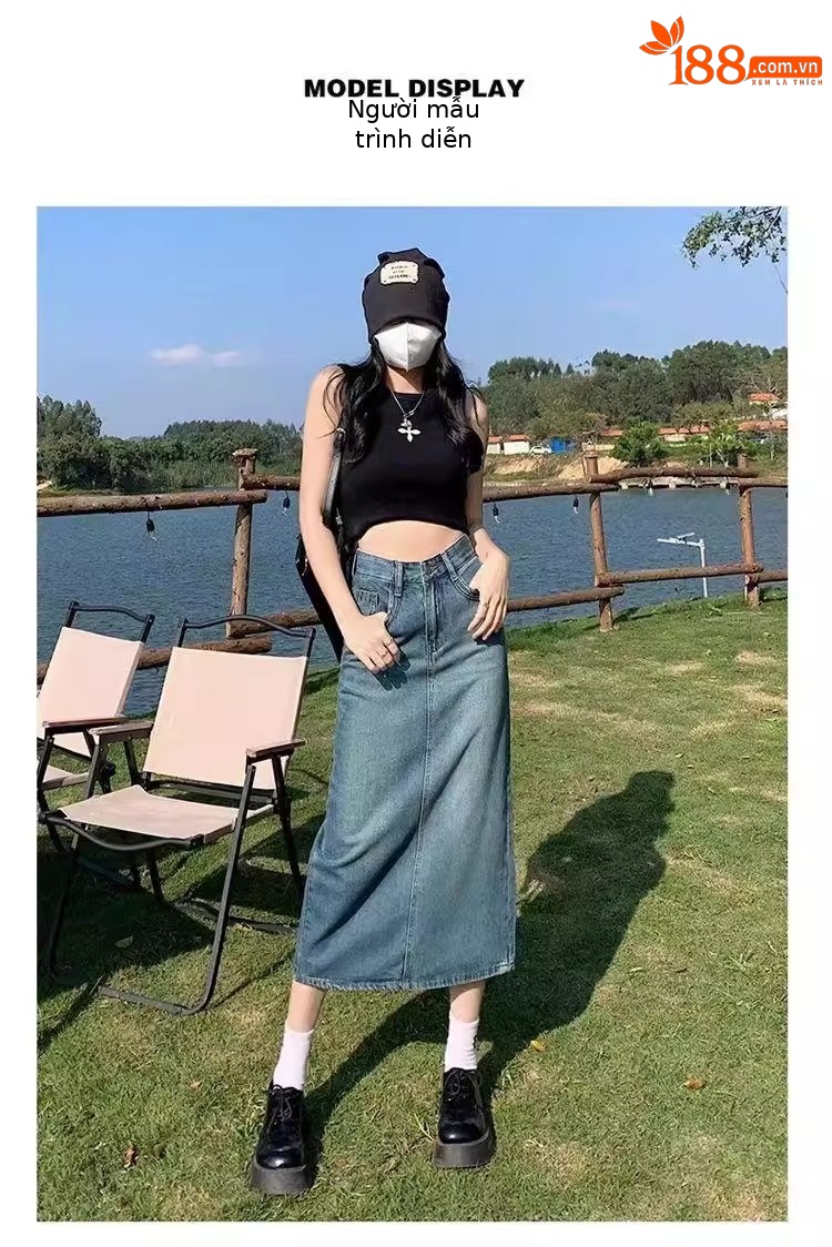 Chân váy denim nữ xẻ tà sau dáng dài vừa phối màu xanh cổ điển — 845 Soho thêu (xanh cổ điển) chi tiết 8