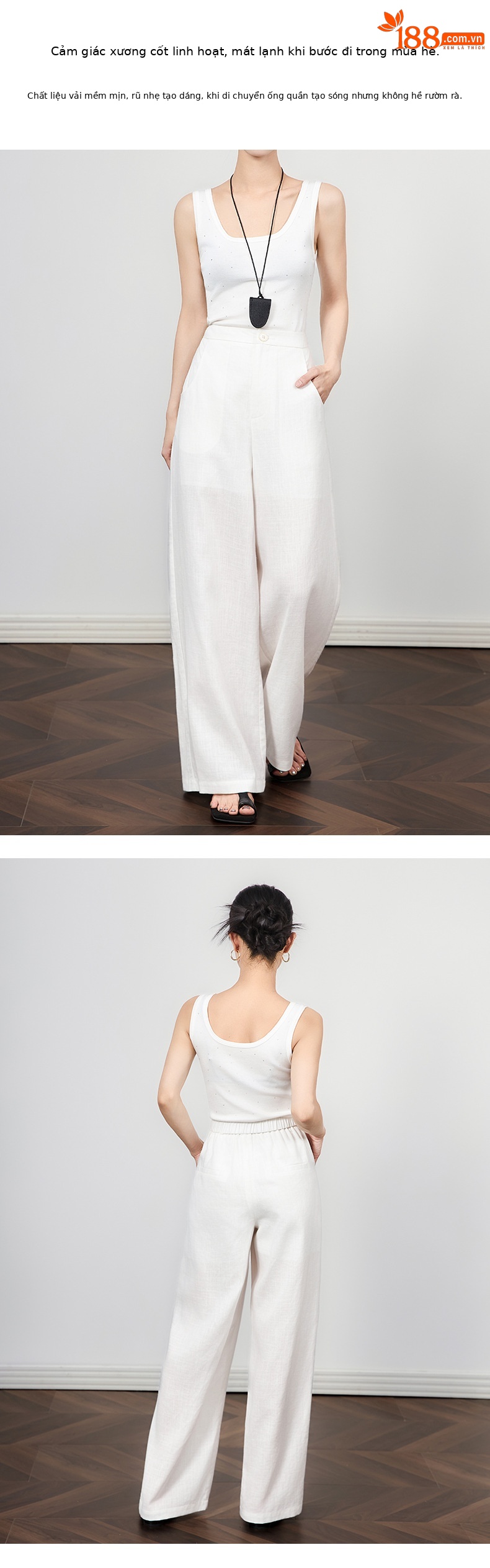 Quần culottes nữ ống rộng vải lanh phong cách cổ điển giản dị, dáng suông rộng, mặc đi làm hoặc dạo phố mùa hè — Màu trắng chi tiết 4
