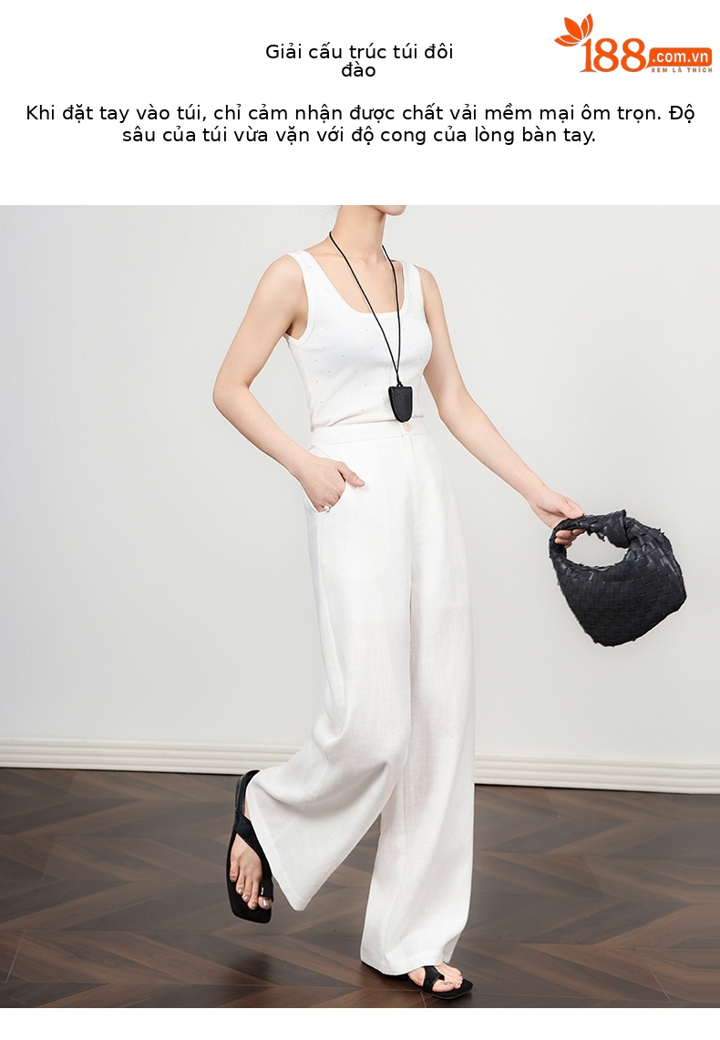 Quần culottes nữ ống rộng vải lanh phong cách cổ điển giản dị, dáng suông rộng, mặc đi làm hoặc dạo phố mùa hè — Màu trắng chi tiết 5