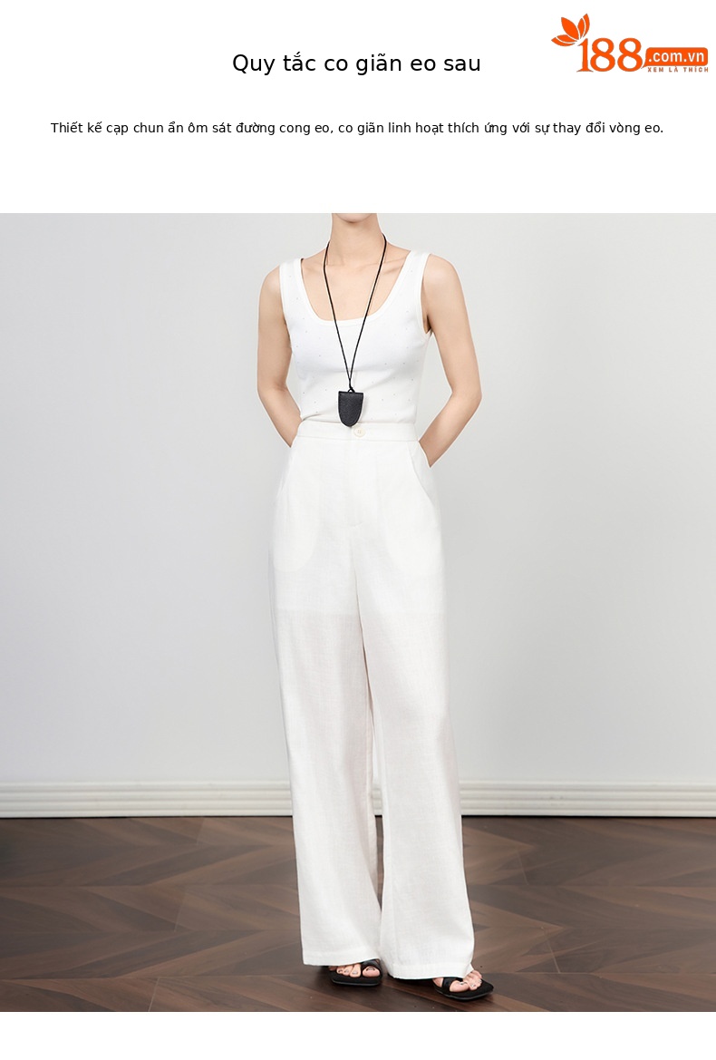 Quần culottes nữ ống rộng vải lanh phong cách cổ điển giản dị, dáng suông rộng, mặc đi làm hoặc dạo phố mùa hè — Màu trắng chi tiết 6