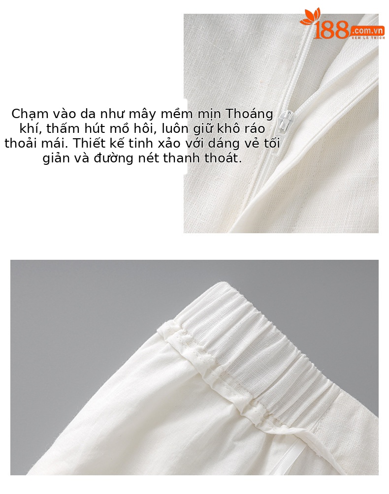 Quần culottes nữ ống rộng vải lanh phong cách cổ điển giản dị, dáng suông rộng, mặc đi làm hoặc dạo phố mùa hè — Màu trắng chi tiết 8