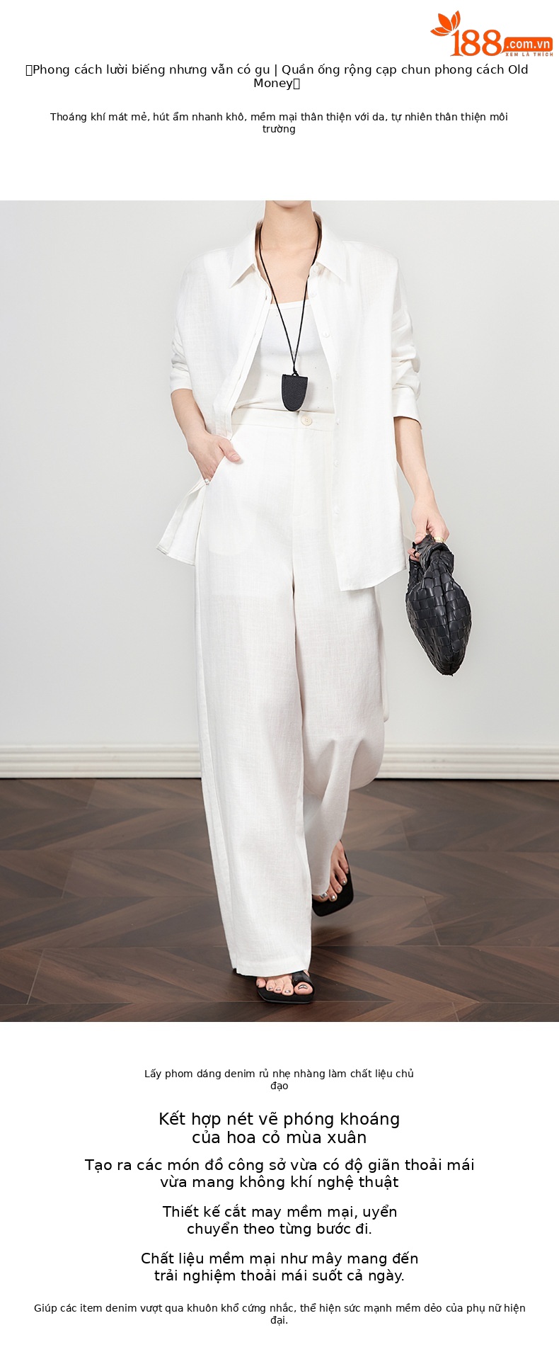 Quần culottes nữ ống rộng vải lanh phong cách cổ điển giản dị, dáng suông rộng, mặc đi làm hoặc dạo phố mùa hè — Màu trắng chi tiết 1
