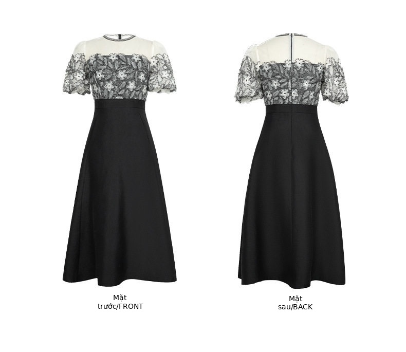 Đầm maxi nữ tay bồng cổ tròn, thiết kế ren viền cổ, dáng suông oversize, eo cao — [Đen] chi tiết 3