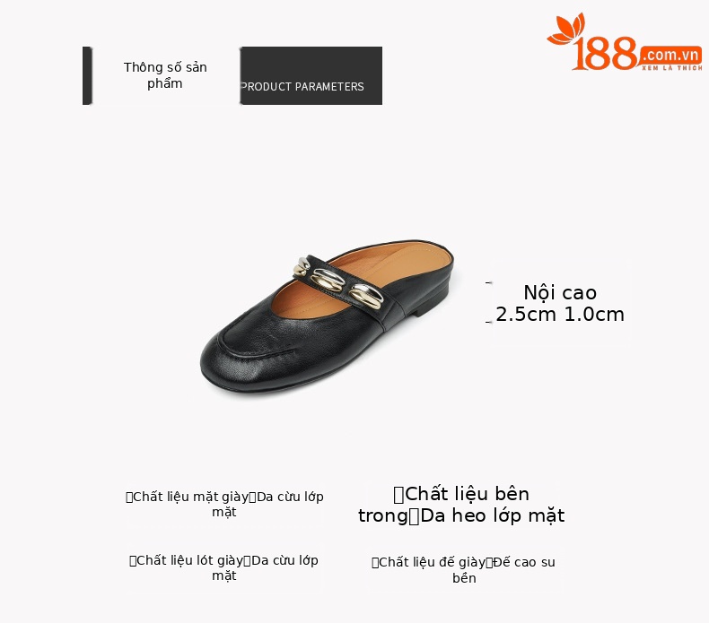 Dép nửa mũi da bò lớp một đế xuồng bệt phong cách retro nữ — đen chi tiết 3