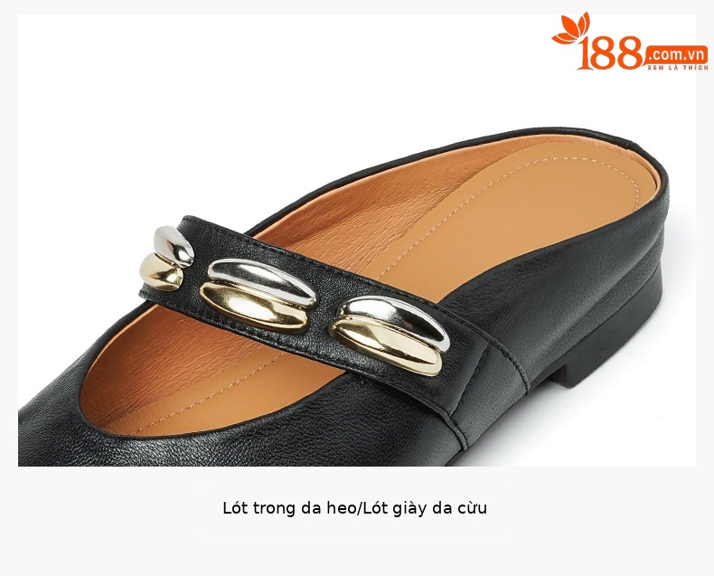 Dép nửa mũi da bò lớp một đế xuồng bệt phong cách retro nữ — đen chi tiết 10