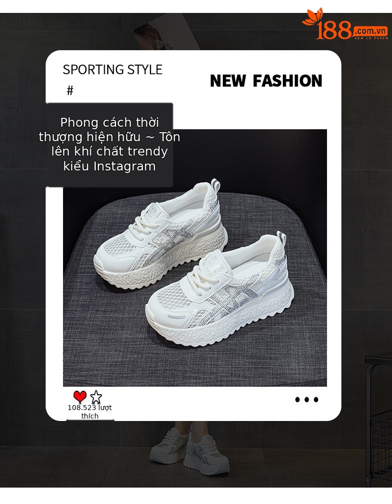 Giày thể thao nữ đế dày chunky trắng phong cách casual, đế cao thoáng khí, mẫu hè 2026 — M2868 màu bạc, M2868 bột mơ, M2868 trắng ngọc trai chi tiết 3