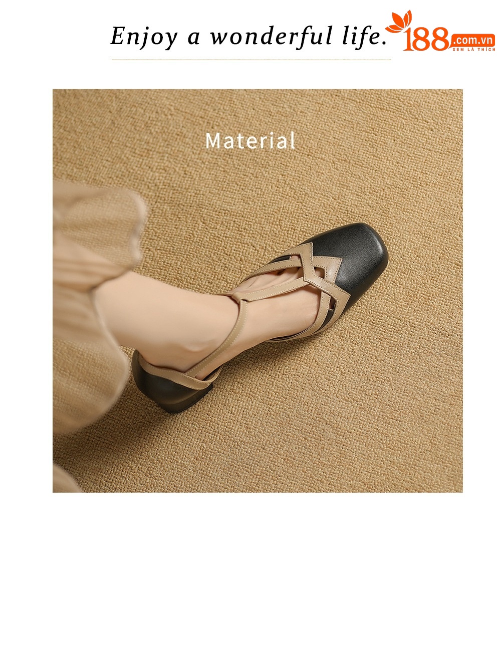 Sandal nữ mũi nhọn quai chữ T gót vuông cổ điển phối màu da bò — đen chi tiết 3