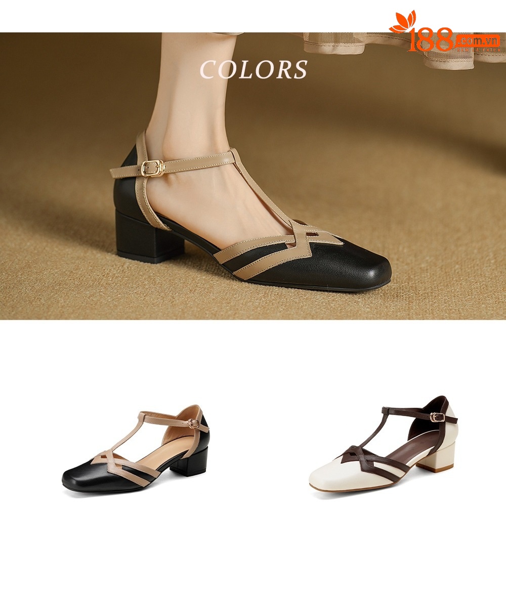 Sandal nữ mũi nhọn quai chữ T gót vuông cổ điển phối màu da bò — đen chi tiết 4