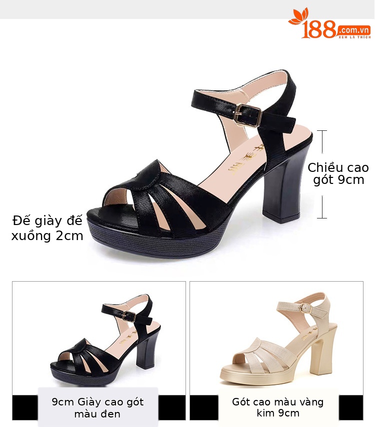 Sandal cao gót nữ hở mũi gót vuông 7–9 cm – giày da mũi cá thanh lịch, phù hợp sườn xám, dạ tiệc — Vàng 9cm, Đen 9cm, Vàng 7cm, Đen 7cm chi tiết 5
