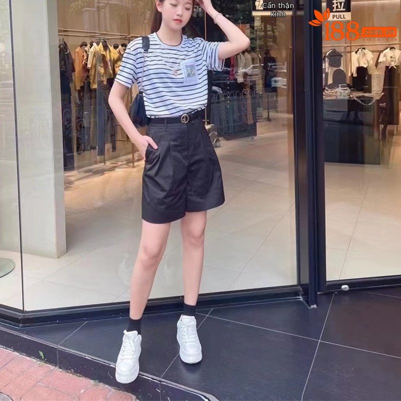 Quần short nữ cạp cao ống rộng dáng suông chất vải mỏng mùa hè — Màu đen chi tiết 8