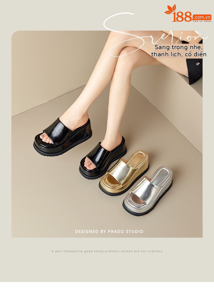 Dép sandal quai ngang da thật đế xuồng cao 8 cm phong cách Âu Mỹ — Màu bạc 10cm, Màu bạc 8cm, Màu vàng kim 10cm, Màu đen 10cm chi tiết 1