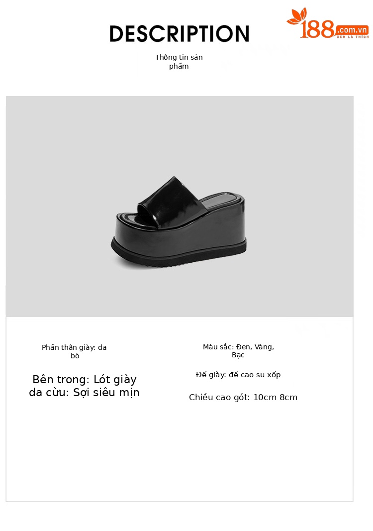 Dép sandal quai ngang da thật đế xuồng cao 8 cm phong cách Âu Mỹ — Màu bạc 10cm, Màu bạc 8cm, Màu vàng kim 10cm, Màu đen 10cm chi tiết 2