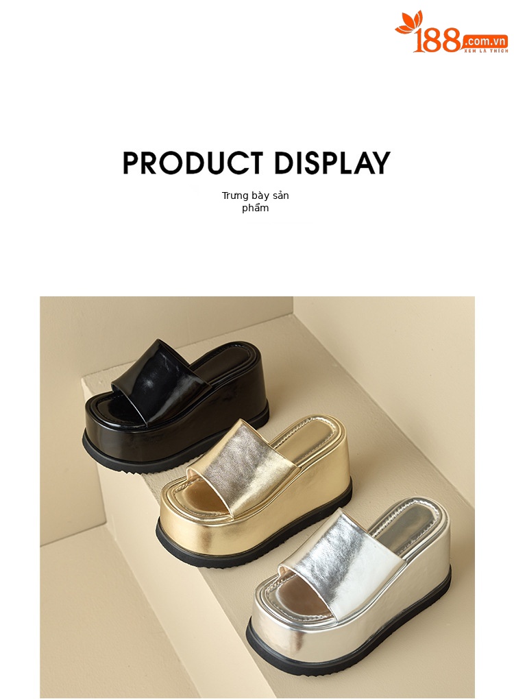 Dép sandal quai ngang da thật đế xuồng cao 8 cm phong cách Âu Mỹ — Màu bạc 10cm, Màu bạc 8cm, Màu vàng kim 10cm, Màu đen 10cm chi tiết 23