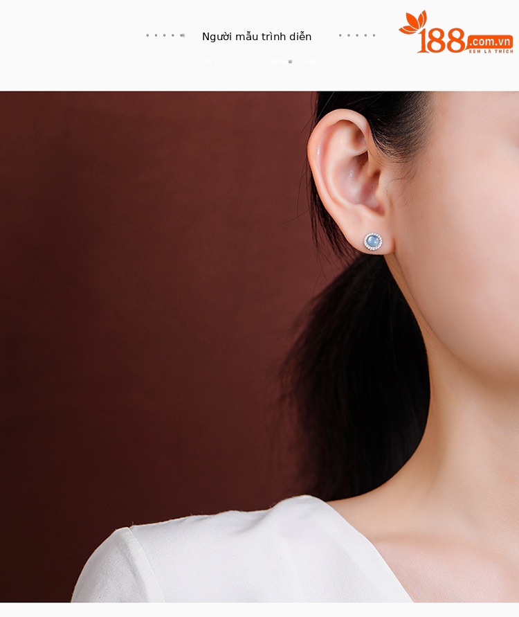 Bông tai bạc S925 đính ngọc xanh biển tự nhiên hình tròn hình học — Một cặp chi tiết 3