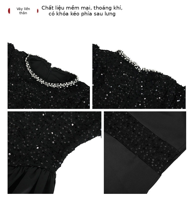 Đầm maxi nữ thắt eo tay ngắn cổ tròn chất liệu sequin lấp lánh — [Đen] chi tiết 3