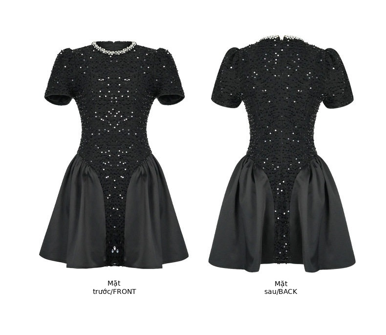 Đầm maxi nữ thắt eo tay ngắn cổ tròn chất liệu sequin lấp lánh — [Đen] chi tiết 4