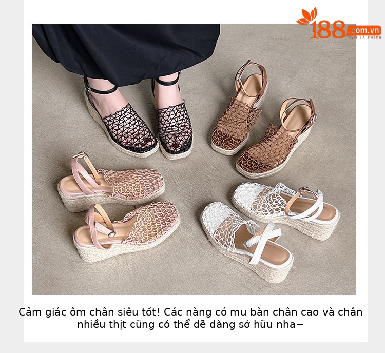 Dép sandal nữ quai hậu đế xuồng platform mũi vuông kiểu bánh mì lưới cói mùa hè 2025 — nâu, đen, màu hồng, trắng chi tiết 4