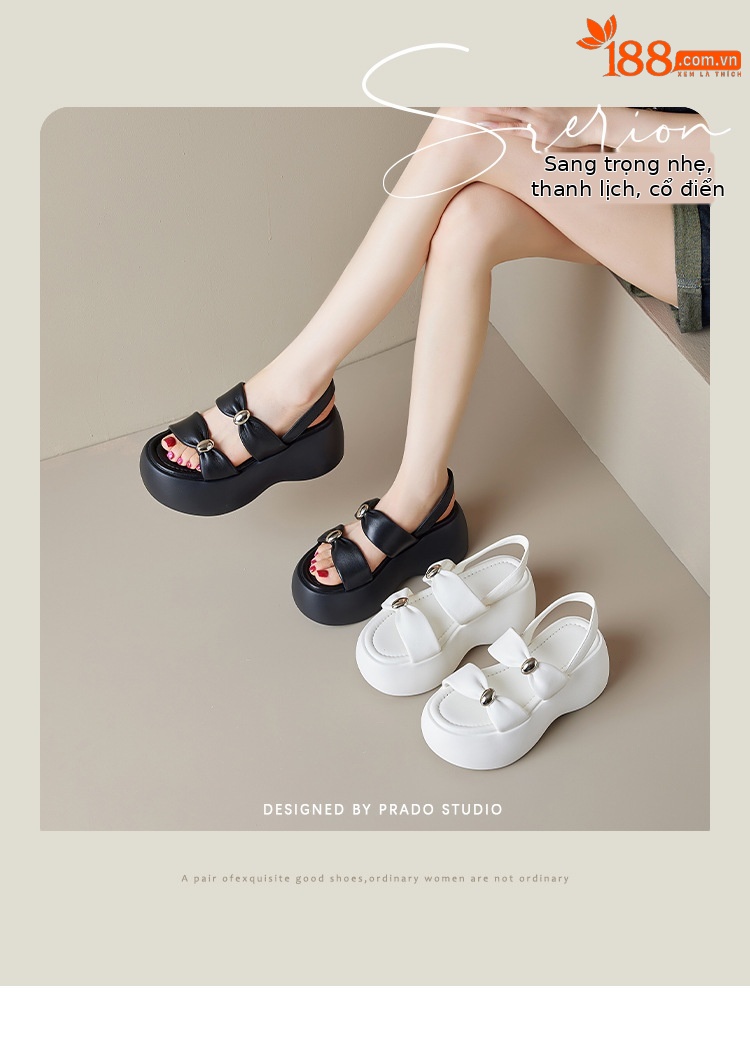 Sandal nữ đế xuồng dày 8cm quai ngang hở mũi phong cách La Mã — đen, trắng chi tiết 1