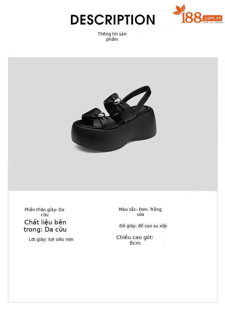 Sandal nữ đế xuồng dày 8cm quai ngang hở mũi phong cách La Mã — đen, trắng chi tiết 2