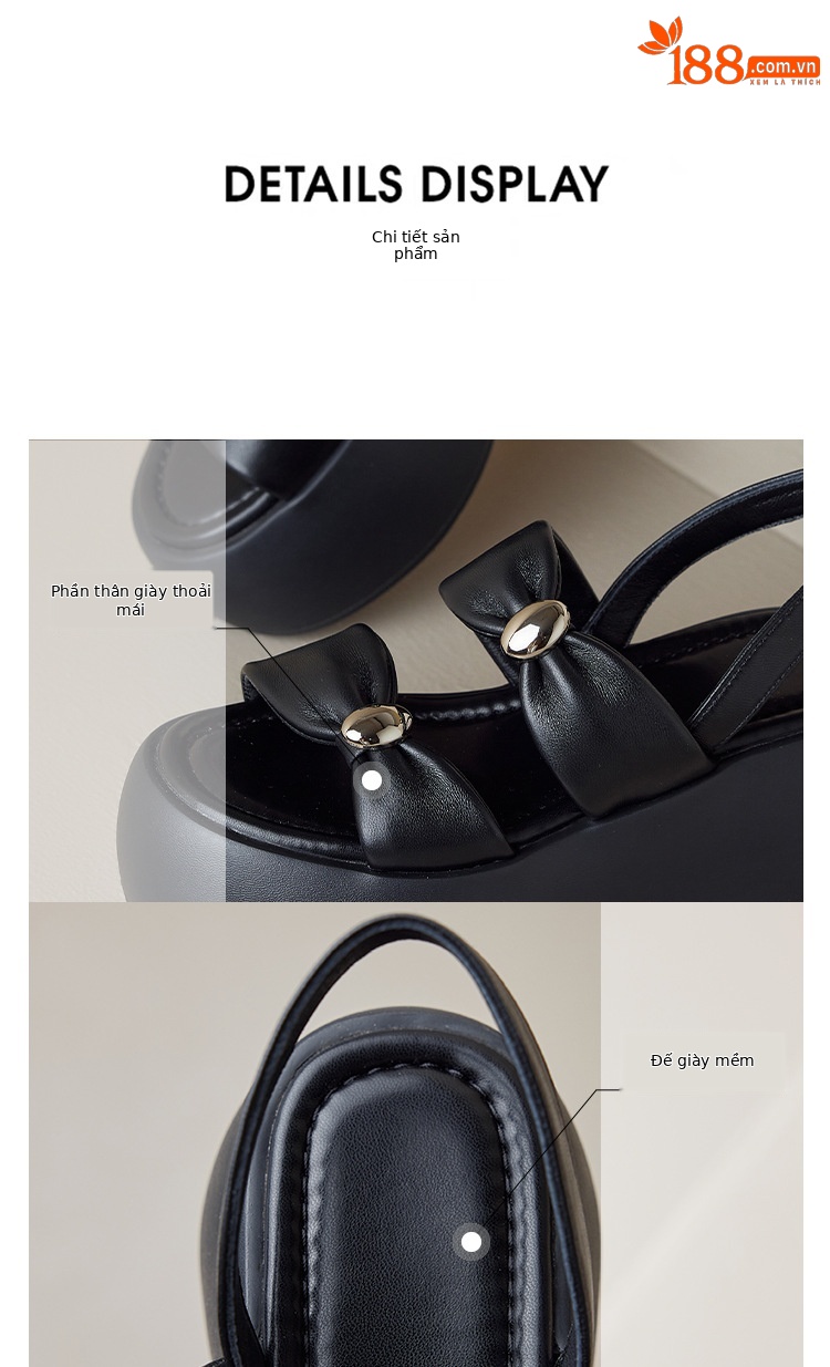 Sandal nữ đế xuồng dày 8cm quai ngang hở mũi phong cách La Mã — đen, trắng chi tiết 14