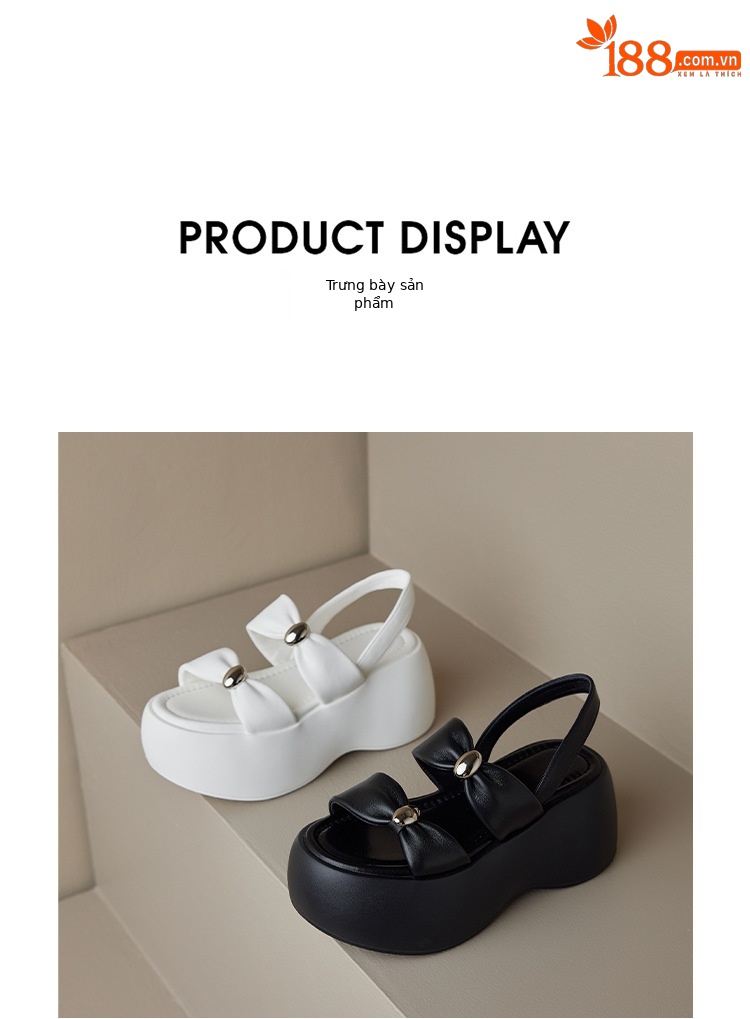 Sandal nữ đế xuồng dày 8cm quai ngang hở mũi phong cách La Mã — đen, trắng chi tiết 17