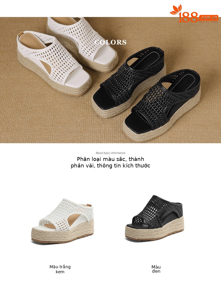Dép sandal nữ đế dày miệng cá rỗng phong cách mùa hè, đế tăng chiều cao dây gai dầu — đen, trắng chi tiết 5