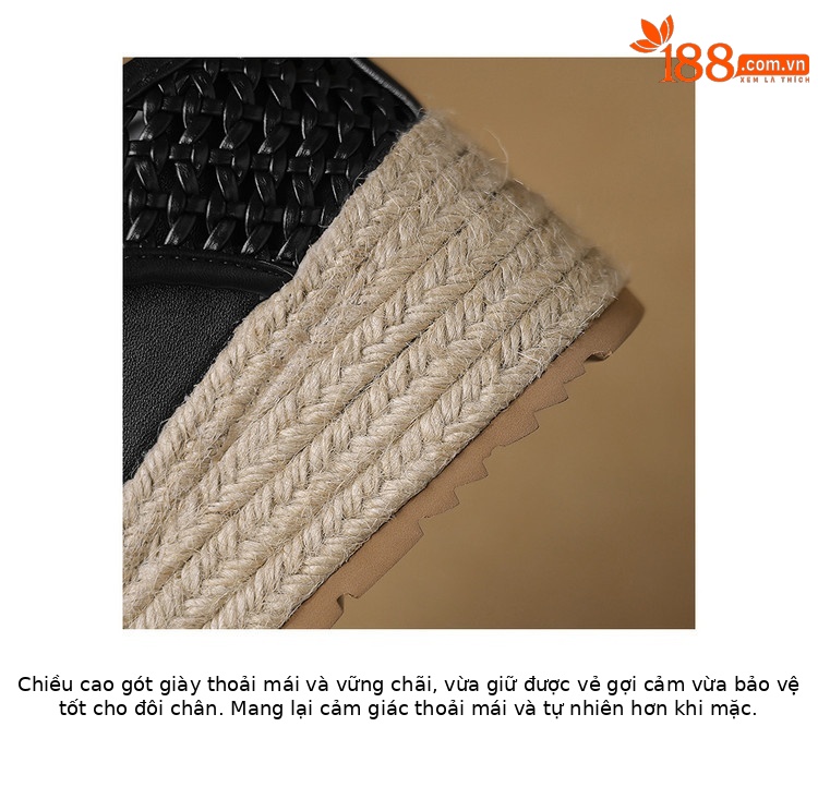 Dép sandal nữ đế dày miệng cá rỗng phong cách mùa hè, đế tăng chiều cao dây gai dầu — đen, trắng chi tiết 8